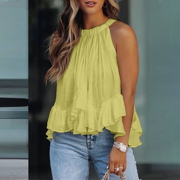 

women's blouses shirts ruffles blouse women sleeveless vest pleated o-neck solid elegant tee tank plus size summer casual shirt blusas, White