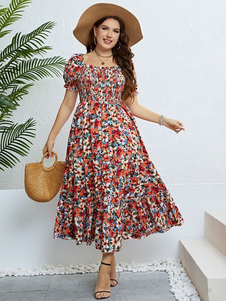 

plus size dresses plus size women clothing puff sleeve floral maxi dress square collar a line cotton robe summer boho midi elegant dresses 2, Black