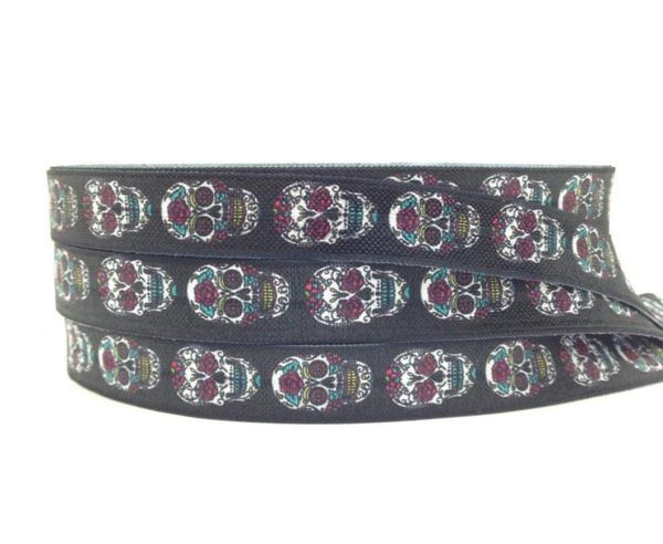 

58quot sugar skull printed fold over elastic 100 yards stretchy black foe ribbon for elastic hair band diy hair access88351332016833, Golden;silver