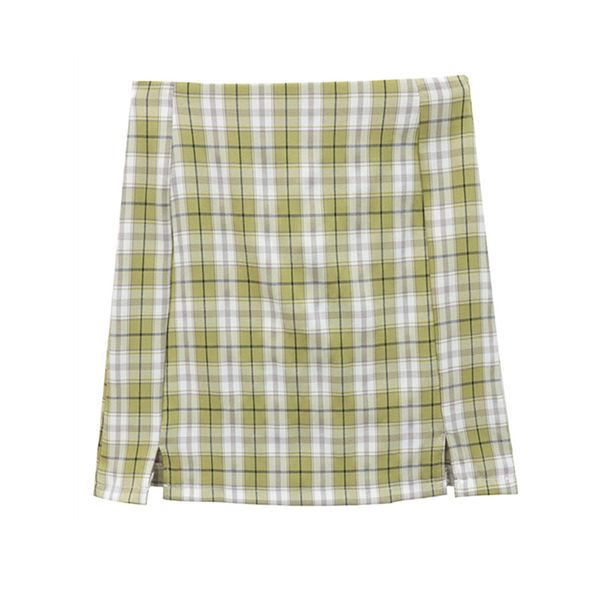 

plaid mini pleated skirt high-waisted casual pleated skirt slim slit a-line skirt back to school, Black