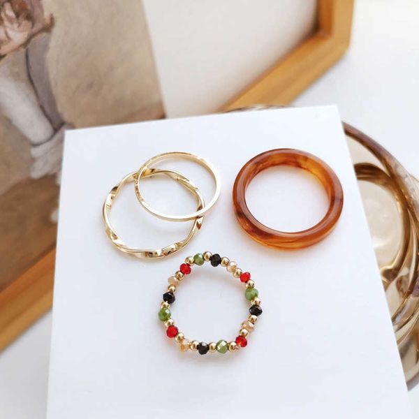 

korean 4pcs bohemia crystal bead rings set for women boho fresh colorful beads finger rings stretch rope fashion jewelry uszw, Silver
