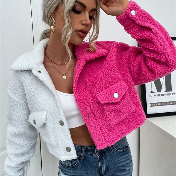 

women's jackets lgrq 2023 autumn winter fashion contrast color splice reversible brushed jacket short coat lamb hair street wear 19f490, Black;brown