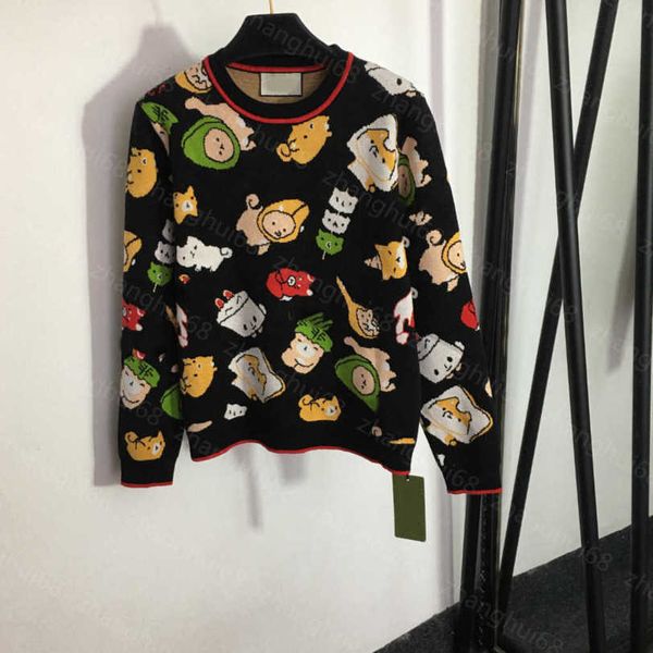 

23ss women sweater womens designer clothing cute cartoon puppy food pattern crew-neck long sleeve pullover sweater knit womens clothing a1, White;black