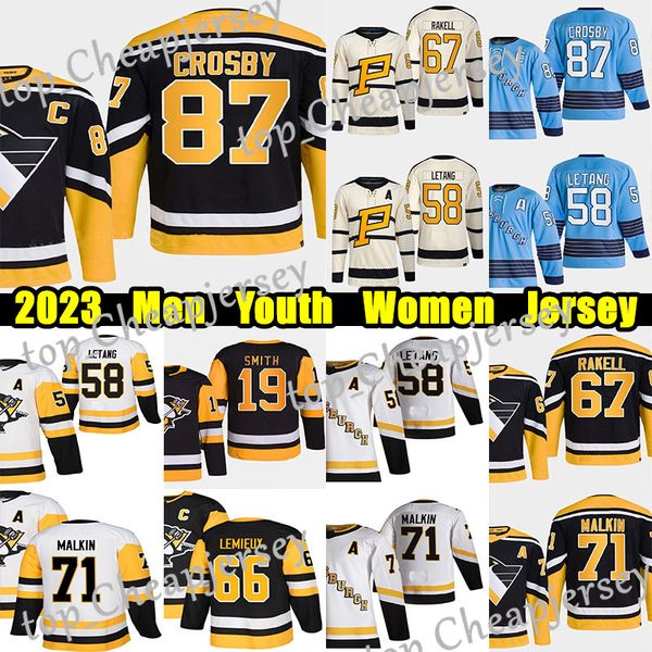 

#87 sidney crosby reverse retro hockey jersey #58 kris letang #19 reilly smith evgeni malkin jeff carter bryan rust tristan jarry jake guent, Black;red