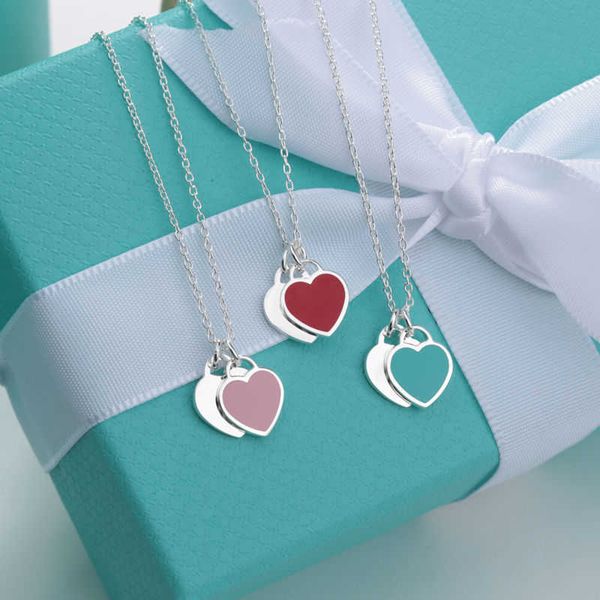 

return to necklace jewelry t double love enamel necklace female heart peach heart gold lock bone chain small design blue pink necklace, Silver