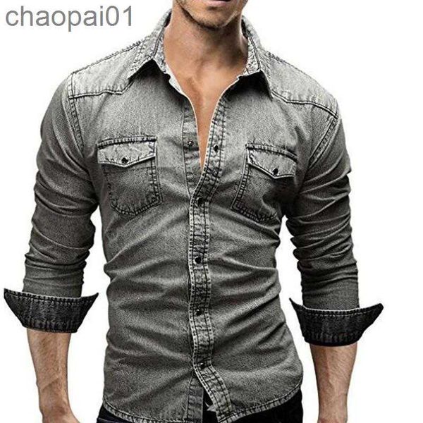 

two pocket european&american shirts mens long-sleeved denim cowboy vintage slim fit button up male clothing, White;black