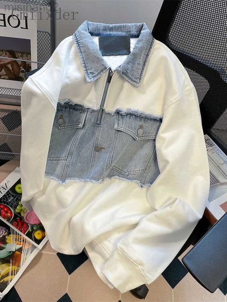 

men's hoodies sweatshirts gmiixder high street denim shirt hip hop long sleeved sweatshirt spring autumn loose retro lapel splicing hal, Black