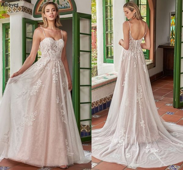 

modern spaghetti straps a line wedding dresses glitter sequined charming lace appliqued bridal gowns boho open back bride reception vestidos, White