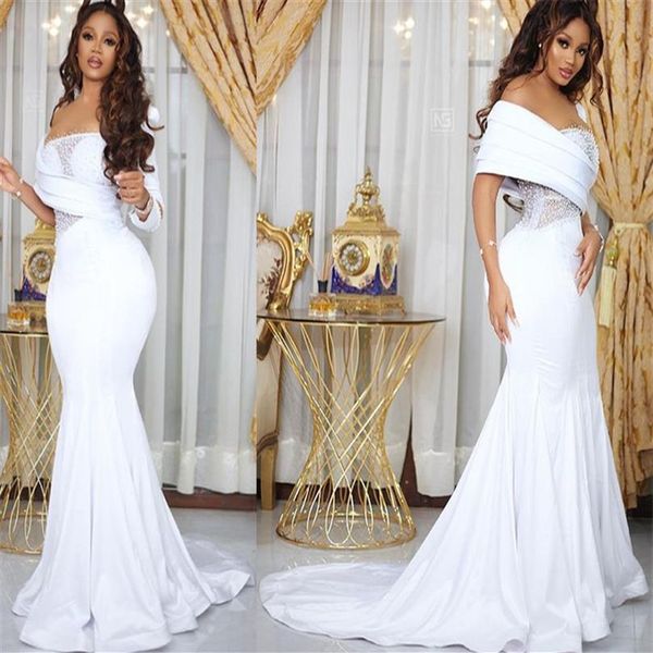 

2021 plus size arabic aso ebi beaded mermaid wedding gowns long sleeves sheer neck satin bridal dresses zj465248d, White