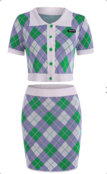 

women's knitted two pieces rhombus single button up collared and skirt set, White