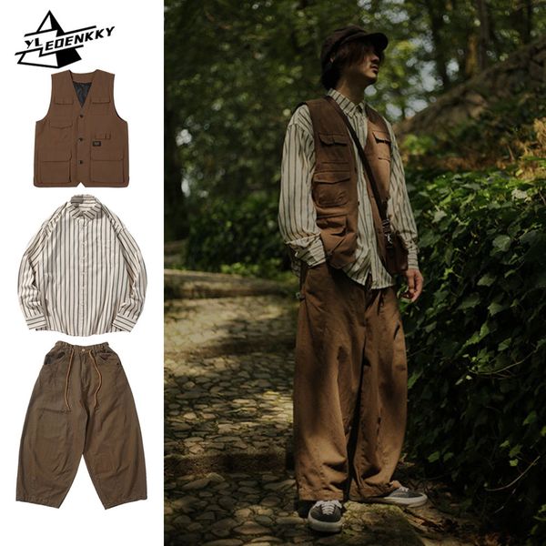 

mens tracksuits japanese vintage set men women multipocket cargo vest spring autumn striped longsleeved shirt loose casual pants threepiece, Gray