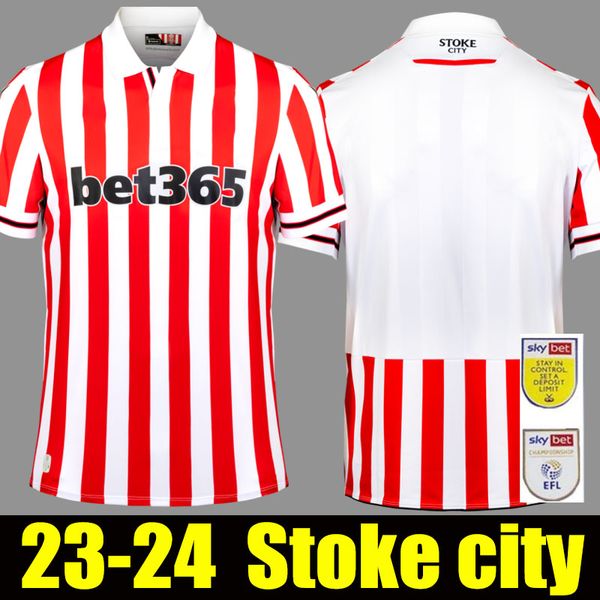 

23 24 stoke city mikel campbell soccer jerseys smith fletcher powell brown clucas home kits 2023 2024 baker men kids kit football shirts uni, Black;yellow