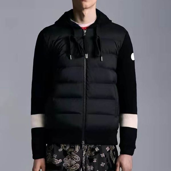 

sleeve stitching design mens down jacket arm badge hooded knitted jacket winter men down jackets size 1--4, Black
