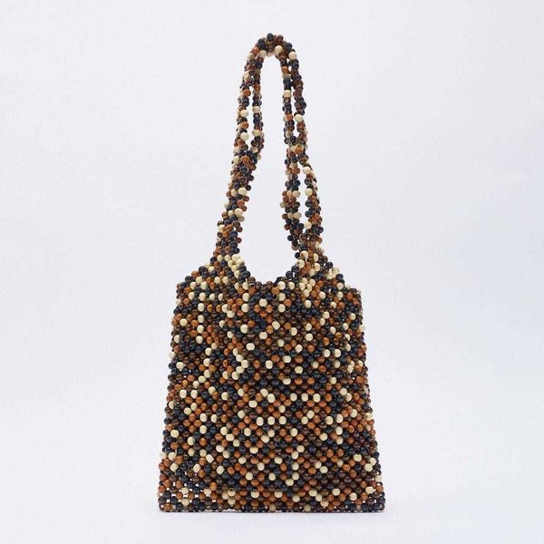 

summer new shoulder bag beaded bag new women s color matching wooden beads portable shopping woven 230731