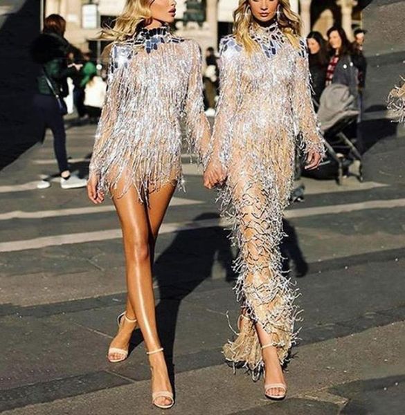 

2021 spring round neck longsleeved fringed dress summer new backless high street sequins mini dress3064653, Black;gray