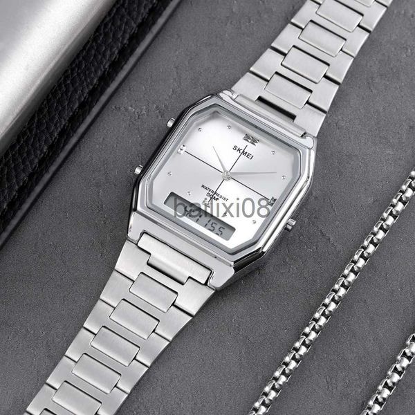 

other watches skmei 1612 silver women men watch square steel waterproof digital dual time sport watches famale colocks relogio vintage j2307, Slivery;black