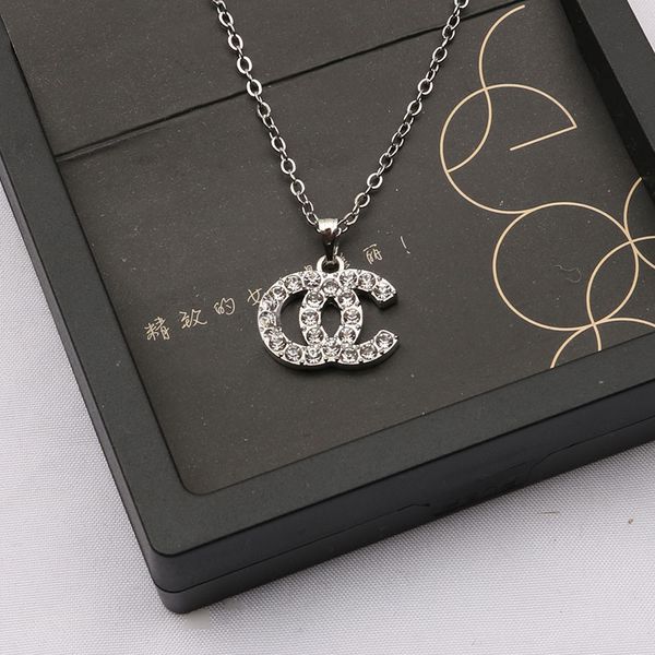 

luxury jewelry designer necklace for women double letter inlaid rhinestone pendant necklaces chain stainless steel plated gold sweater chain, Silver