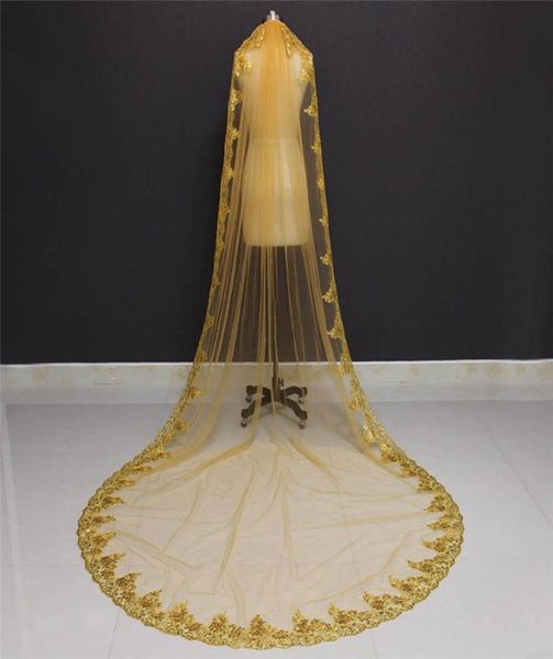 

real pos one layer sequins lace edge gold 3 meters cathedral wedding veil with comb beautiful bridal veil nv70986304206, Black