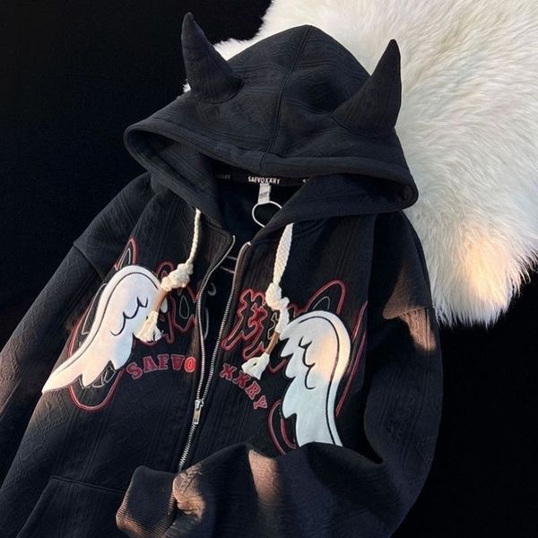 

womens hoodies sweatshirts gothic sweatshirt little devil coat with tail devil hoodie loose high street kpop streetwear women pop clothes y2, Black