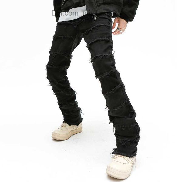 

men's pants men's vintage patch work flash pants grunge wild stacked tear long trousers straight y2k bag wash fade jeans z230731, Black