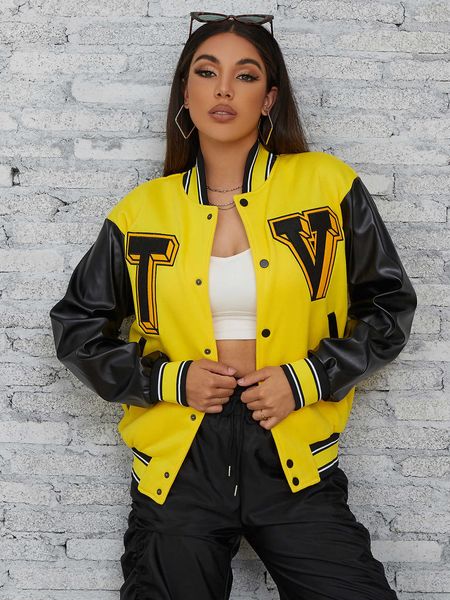 

fashionable new jacket baseball uniform women's autumn and winter splicing letter printing long sleeve street casual classic coat, Black;brown