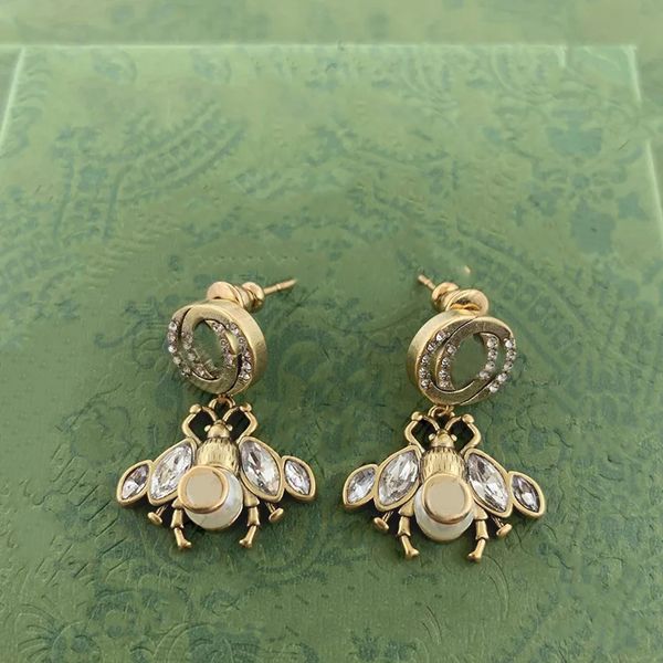 

fashion women designer earrings ear stud vintage letter set horse eye diamond bee pearl earrings flavonoid double g earings, Golden