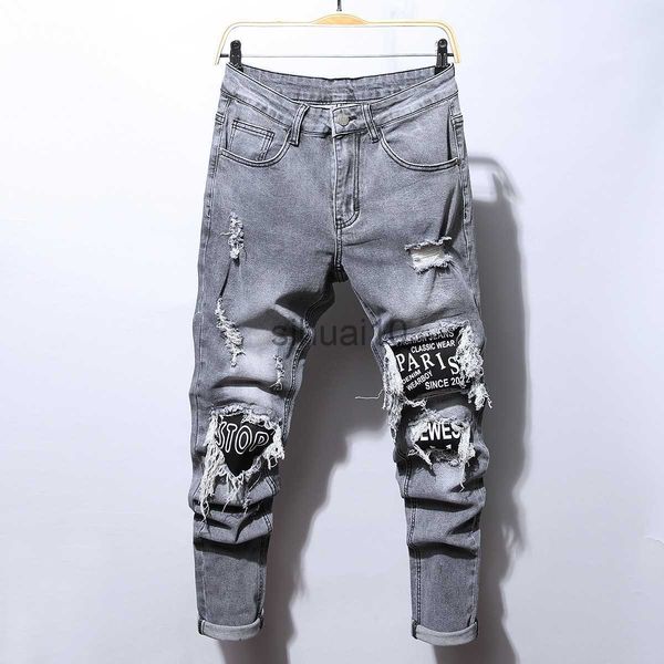 

men's jeans men embroidery jeans men cotton stretchy ripped skinny jeans hip hop black hole slim fit oversize denim pants j230728, Blue