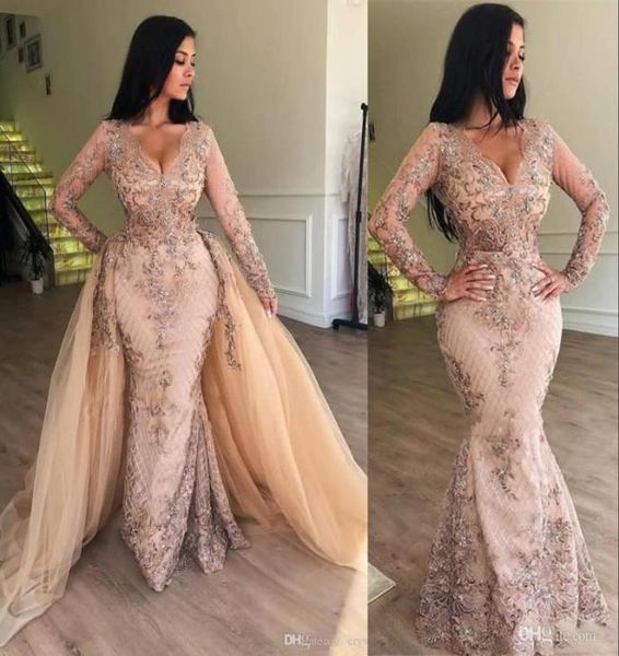 

new long sleeves mermaid prom dresses evening dress v neck lace appliques sequins floor length overskirts train formal evening gow6782867, Black