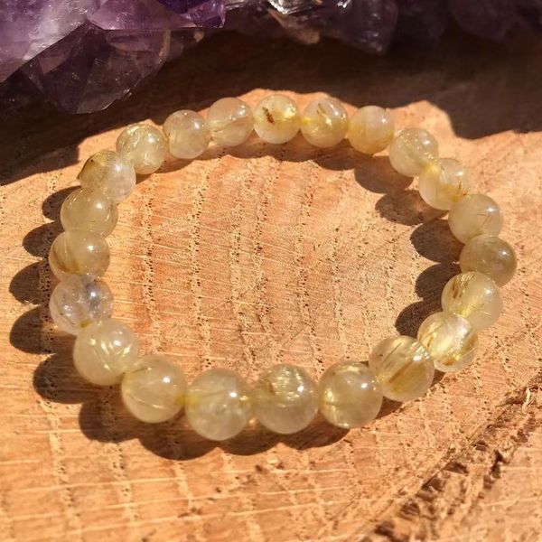 

mg1822 8 mm golden rutilated quartz bracelet womens natural gemstone beaded chakra wrist jewelry, Black