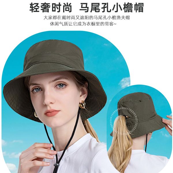 

fashion designer jewelry summer sun hat outdoor mountaineering sun basin hat horsetail bucket hat versatile sunshade baseball cap wholesale, Blue;gray