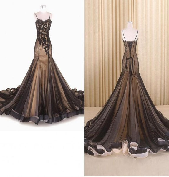 

mermaid evening dresses long 2021 with spaghetti straps applique lace corset back black champagne prom formal dress gowns9283195, Black;red