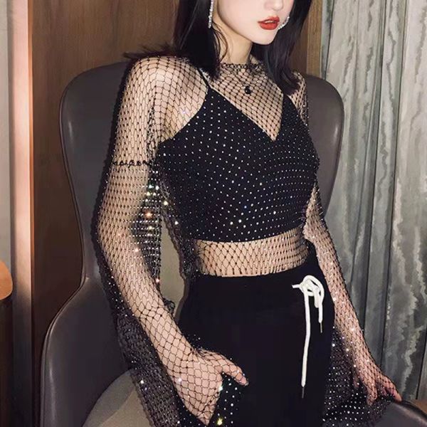 

balbala women mesh body chains rhinestone long sleeve crystal see through cover up crop fishnet, Black