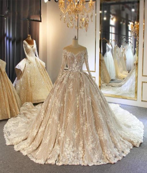 

long sleeve 2020 ball gown wedding dress bridal gowns jewel neck lace floral appliqued bead plus size robe de mariee champagne wed6257033, White