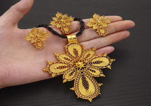 

fine solid 14k gold ethiopian jewelry sets big necklace earrings ring dubai bride habesha african items gift8445722, Silver