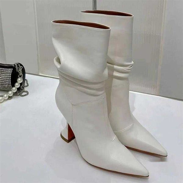 

full grain leather goblet half boots mid calf pull fashion pointed slip-on cowboy boot women's outdoor shoes luxury designer high-heele, Black