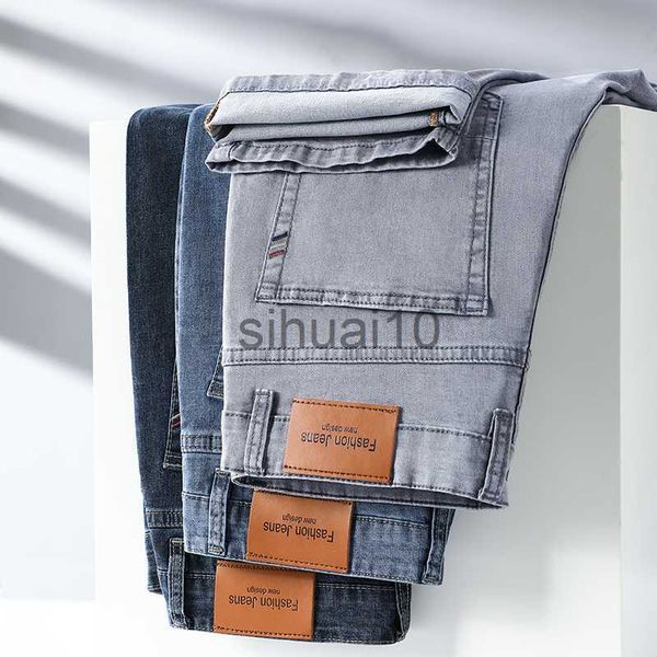 

men's jeans 2023 brand men's fit straight lightweight cotton stretch denim business casual high waist thin light grey jeans j23072, Blue