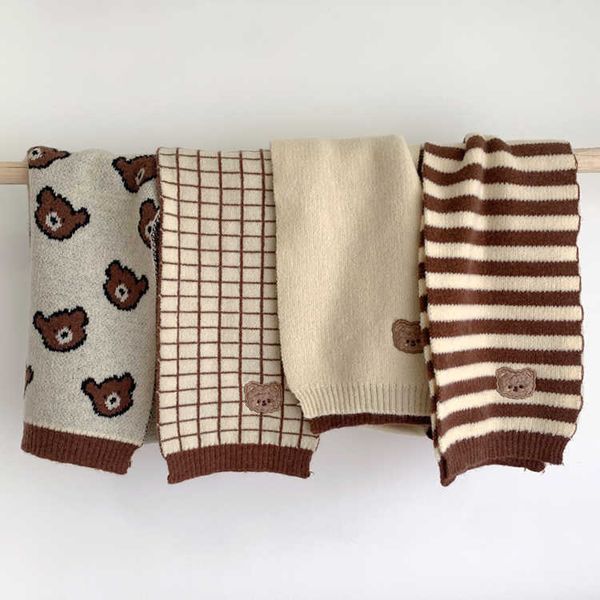 

autumn winter kids boys girls knitted scarf soft warm neckerchief for baby children neck scarves stripe cartoon bear 4 patterns1, Red;brown