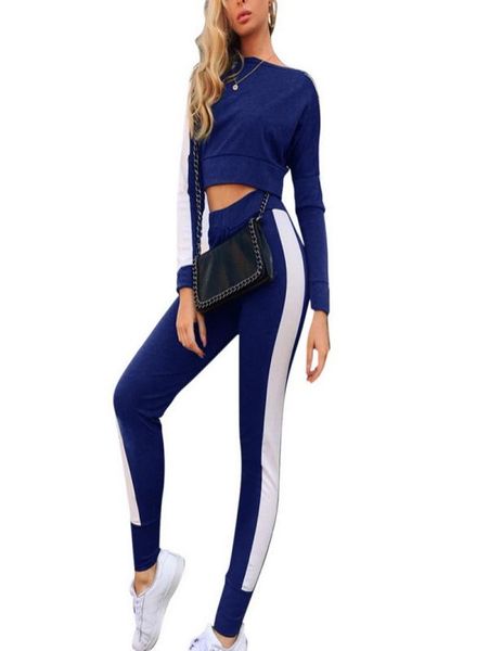 

running sets women shirts pant longsleeved suit stitching crop tracksuit female sportswear workout sports fitness6294014, Black;blue