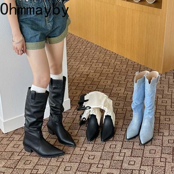 

boots woman western cowgirl boot fashion slip on long knight booties autumn winter high heel women's shoes 230729, Black