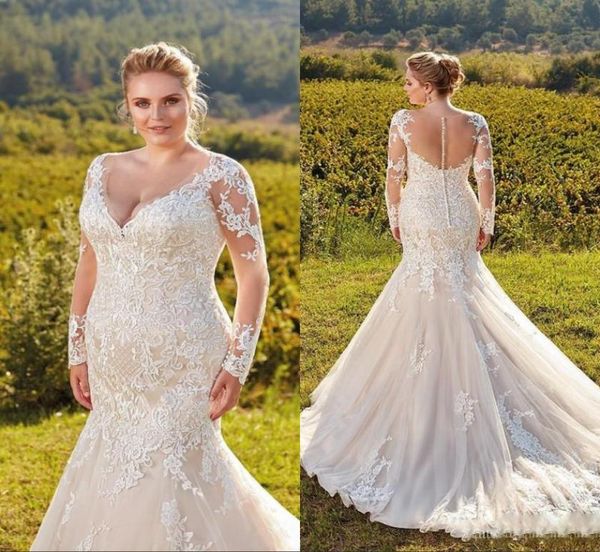

elegant plus size wedding dresses 2021 v neck sheer long sleeves lace mermaid wedding bridal gowns illusion back6900100, White