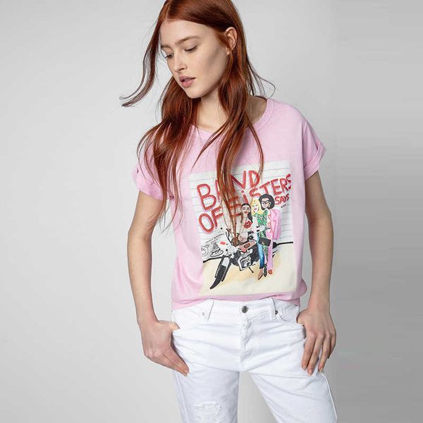 

fashion t shirts mens women designers zadig voltaire designer tide t shirt sisters riding motorcycle digital printing letter diamond women s, White