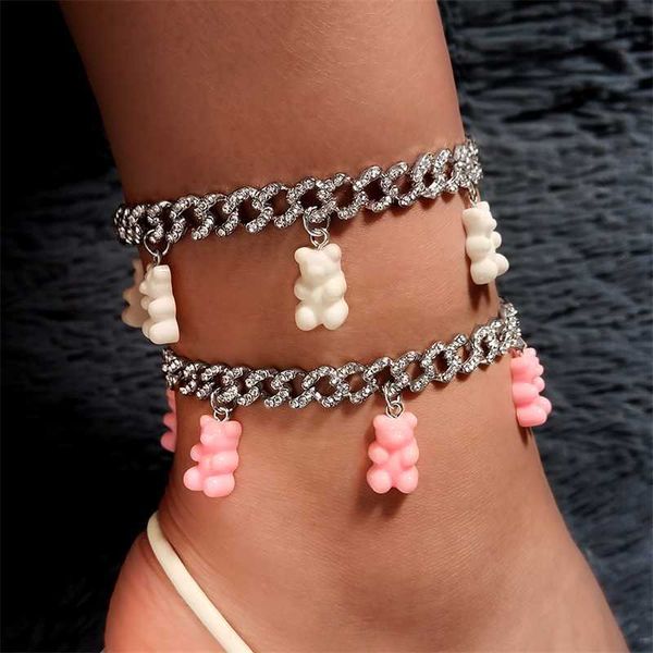 

fashion colorful gummy bear anklets bracelet for women girls bling iced out cuban chain anklet on leg foot jewelry 230719, Red;blue