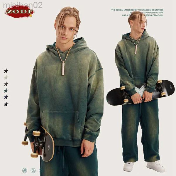 

men's hoodies sweatshirts zodf chic high street 400gsm monkey washed cotton hoodies for men loose hooded pullovers brand streetwears hy, Black