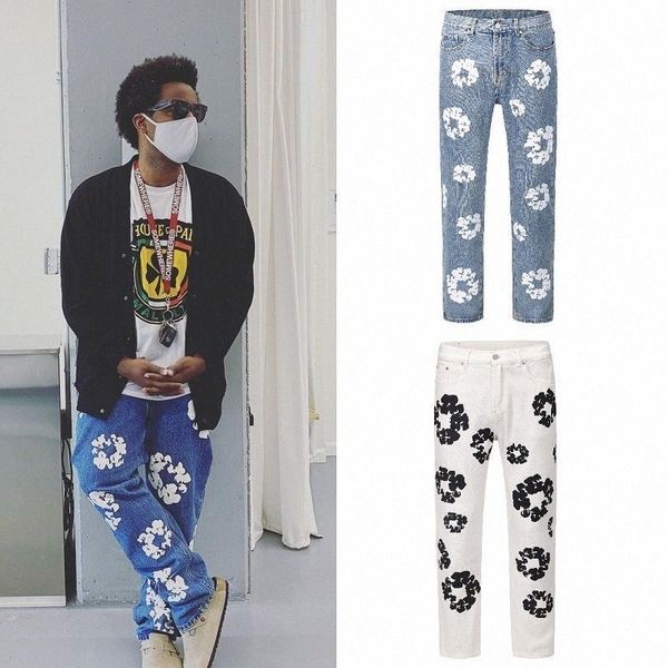 

flower full print jeans high street pants oversized streetwear straight casual men and women denim trousers j62f#, Blue
