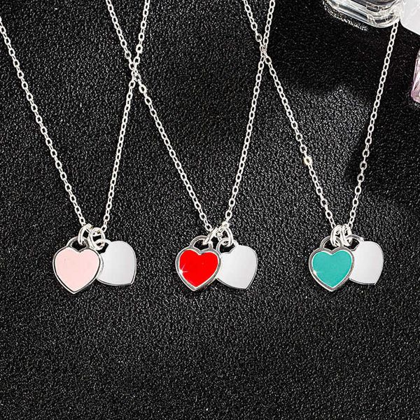 

return to necklace jewelry s925 sterling silver enamel peach heart necklace classic double love heart valentine's day gift pendant neck