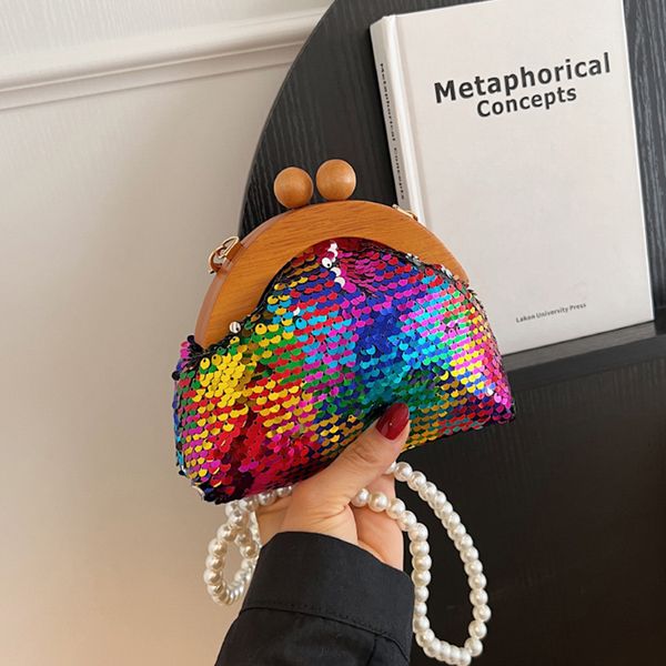 

evening bags colorful sequin clutch bag for women 2023 wood clip handbag purse lady retro pearl chain shoulder crossbody mini 230731
