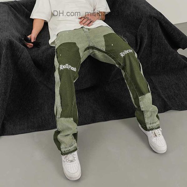

men's pants vintage distressed graffiti men's micro flared denim jeans hip hop splash ink colorblocked street wear casual slim fit, Black