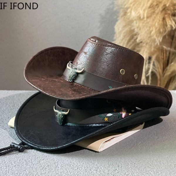 

wide brim hats bucket hats fashion cow head decorate western cowboy hat faux leather vintage gentleman jazz hats for men panama cowgirl hat, Blue;gray
