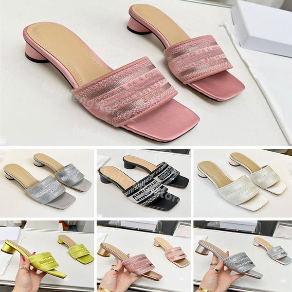 

designer slides women embroidered fabric slippers metallic slide sandals woman luxury sandal triangle chunky heels fashion summer beach low, Black