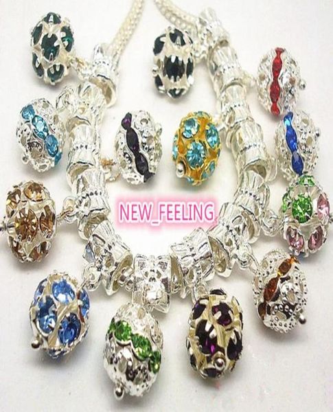 

100pcslot mixed color silver round inlay rhinestone ball beads 10mm fit european bracelet and necklace jewelry making7320562, Black